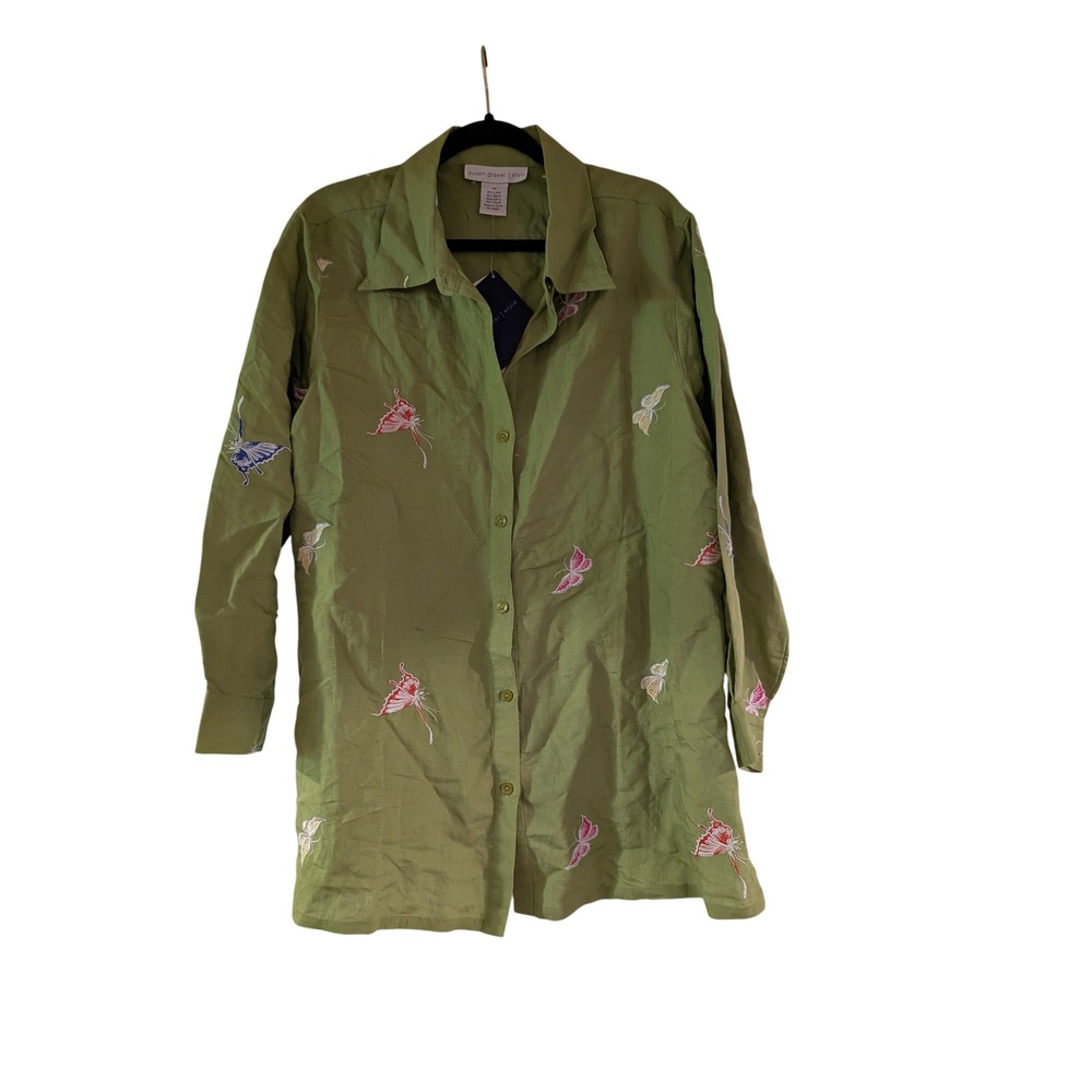 Susan Graver Butterfly Embroidered Tunic Women 1X Green Linen Blend Button Front